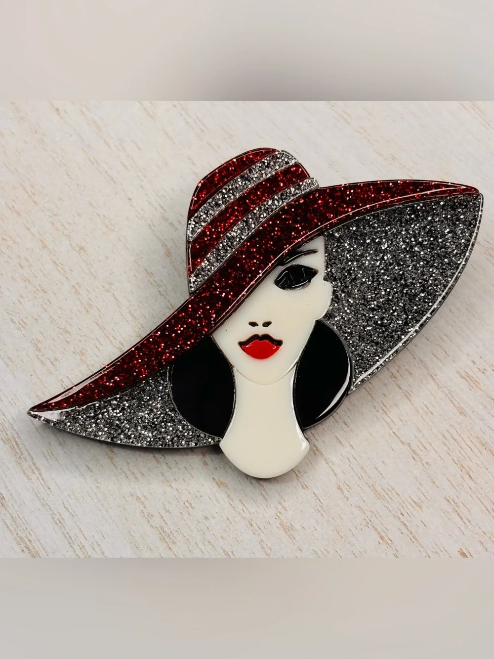 Red & Silver Glam Lady Brooch Pin – Wide Brim Hat Statement Brooch